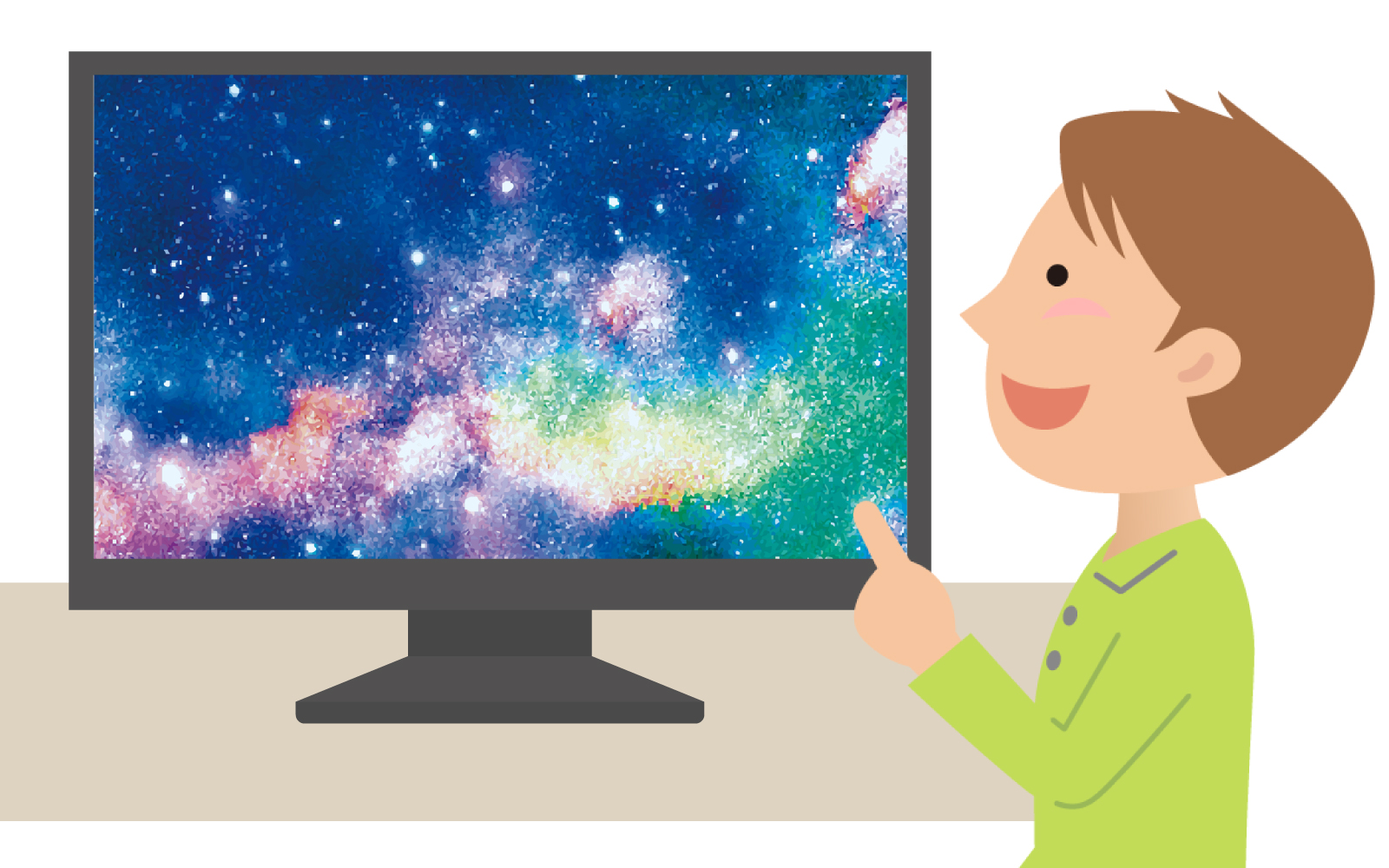 テレビで宇宙の映像を見る中学生のイラスト